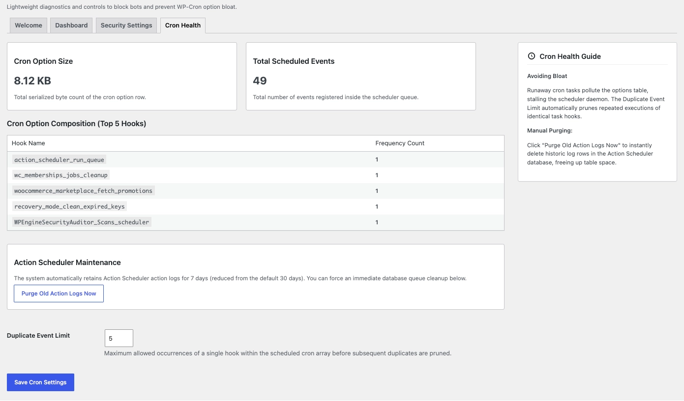 A screenshot of the Cron Health diagnostic interface displaying total active cron array size in kilobytes, event queue counts, and manual queue cleanup triggers