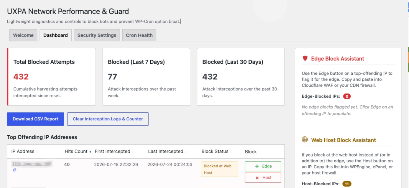A screenshot of the IP security dashboard showing blocked request logs, AbuseIPDB confidence scores, and IP lookup controls for high-volume offending addresses