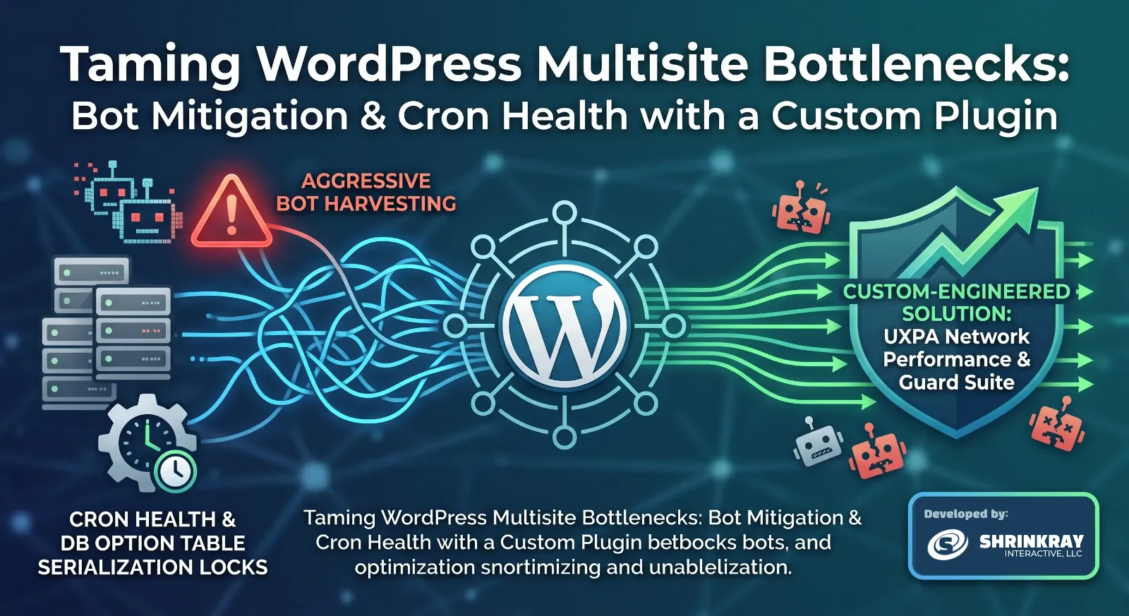 A featured cover illustration depicting server traffic flow transitioning from chaotic bot requests into an organized, protected network pipeline